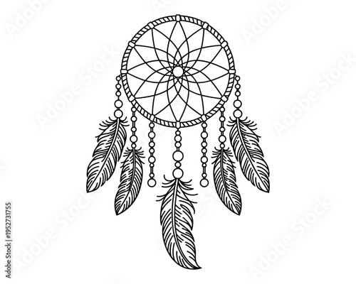 Traditional Native American dream catcher with intricate web and hanging feathers and beads isolated on transparent background