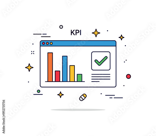 KPI tracking dashboard concept built around a compact screen displaying simple bar charts and a checkmark symbol, expressing analytics, monitoring, and