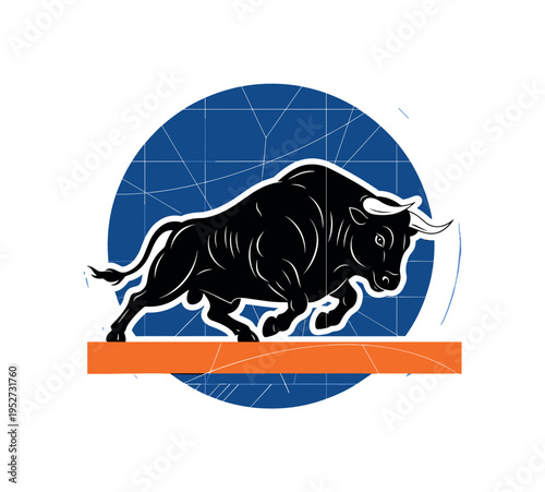 Black and white bull silhouette charging forward as central symbol of commodity trading, bold deep blue circular backdrop behind the bull, bright orange