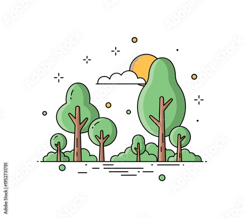 Sun-dappled grove with a mixture of small and tall trees, abstract dots and stars highlighting calm, nature, and serene outdoor space. Minimalist flat vector