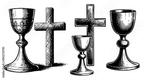 Eucharistic chalices and christian crosses collection in vintage engraving style