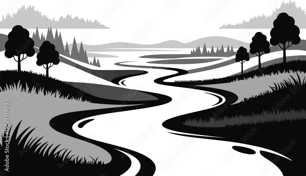 Obraz premium Natural landscape with river hills and silhouettes of forest scenery