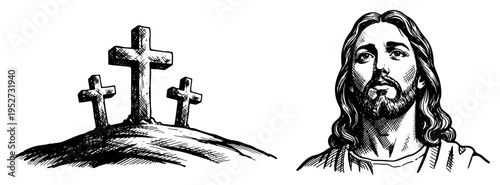 Jesus portrait and three crosses on Calvary hill in vintage engraving style