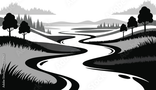 Natural landscape with river hills and silhouettes of forest scenery