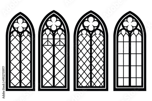 Four gothic arched window silhouettes, featuring intricate tracery patterns, perfect for medieval architecture designs, historical illustrations, stained glass concepts, and heritage restoration 