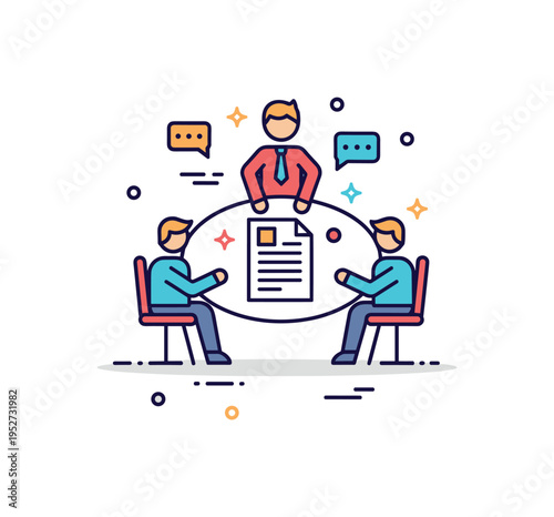 Business meeting professional collaboration concept illustrated by three simplified figures seated around a round table with a central document icon,