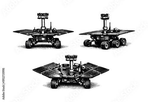 Mars Rover ? Spirit. A Mars rover with extended solar arrays and sensor mast depicted as a single object shown in three different views to examine form and