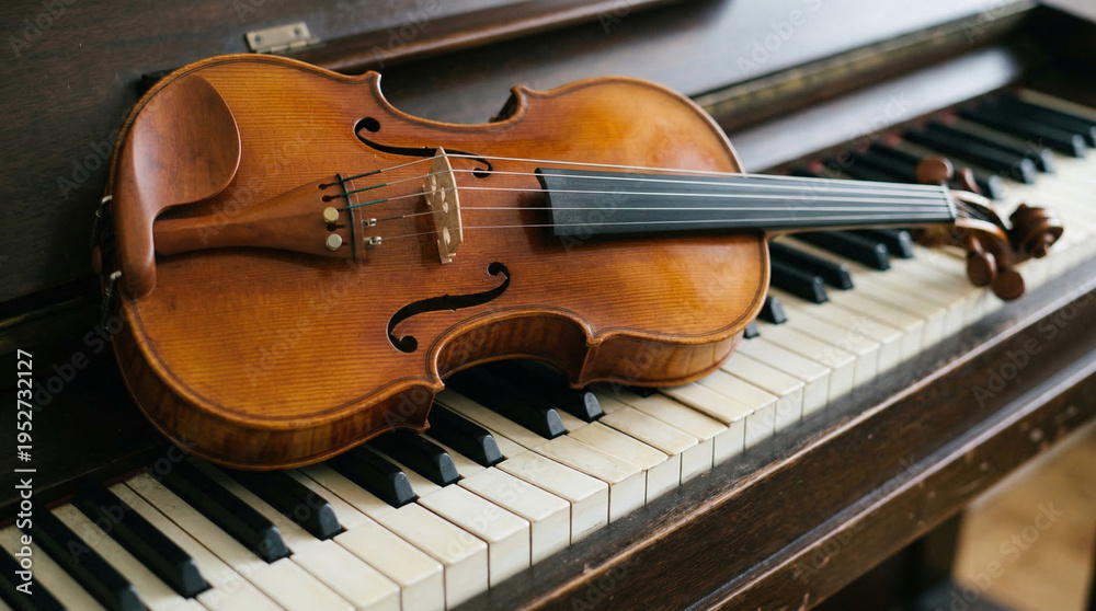 Fototapeta premium Elegant close-up of vintage violin and piano keys: classical instruments intertwined in harmony, showing the texture of the wood, strings and keys without logos