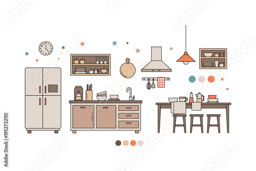 Neutral farmhouse color palette concept showing coordinated kitchen elements like cabinets, tableware and textiles in soft earthy tones, symbolizing harmony