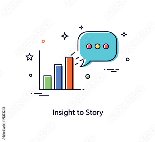 Digital storytelling data driven narrative featuring a clean bar chart subtly transforming into a speech bubble, symbolizing insights turned into compelling
