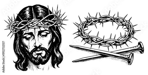 Jesus Christ with crown of thorns and crucifixion nails in vintage sketch style