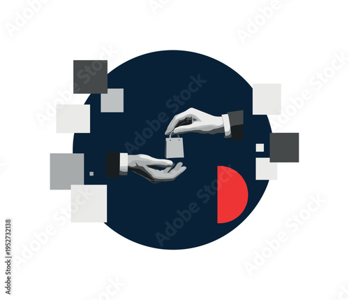 Conceptual checkout theme with black-and-white hands exchanging small shopping bag, deep navy circle backdrop symbolizing closure, red semicircle accent