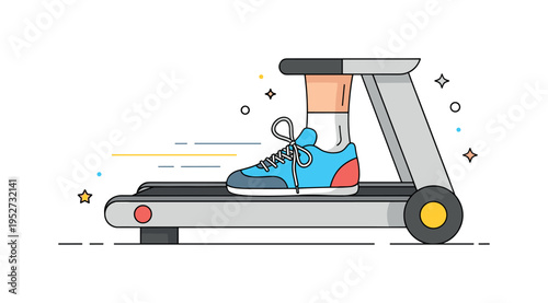 Fitness preparation moment close up of tied shoelaces resting on a treadmill belt with minimal speed lines suggesting upcoming movement. A compact visual
