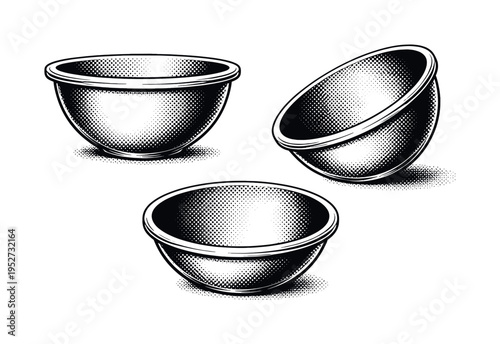 Bowl ? deep kitchen mixing bowl with thick rim and wide opening, presented in frontal view, angled view, and top-down view as an object set. Black and white