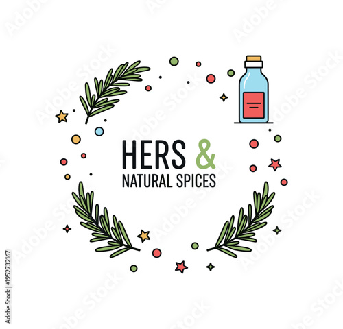 Herbs and spices natural ingredients theme featuring rosemary sprigs and tiny scattered peppercorn shapes centered in the frame. The composition reflects