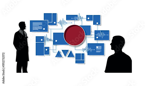 Black and white doctor silhouette observing abstract data panel, vibrant deep red circle positioned between doctor and patient silhouette, cobalt