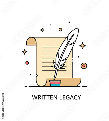 Classic literature quill and manuscript illustration with a single feather pen resting beside a parchment page, expressing authorship and the origins of