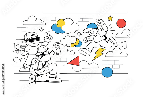 Street art culture. Artist spraying a mural on a city wall, paint clouds floating in the air, bold shapes coming alive. Energy of self-expression, freedom, and