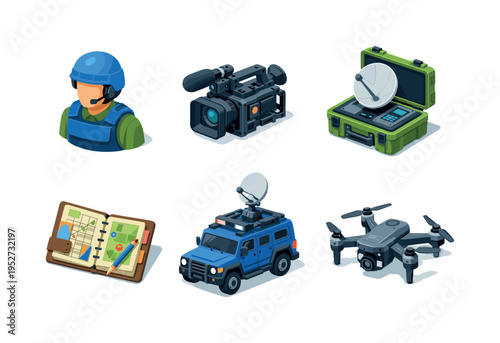 War Correspondence. Isometric flat vector icons set of War Correspondence: reporter wearing protective helmet and vest, rugged broadcast camera with protective