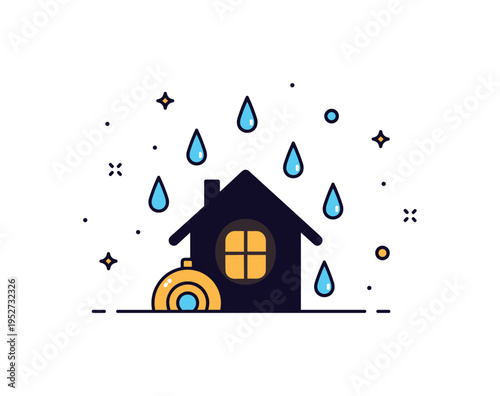 Peaceful rainy evening concept centered on a small house silhouette with raindrops falling around it and a warm window glow, suggesting comfort and safety