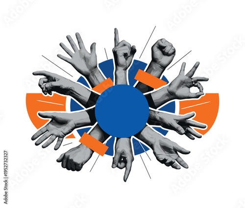 Black-and-white retro hands layered in a radial composition, multiple expressive arm gestures spreading outward from the center, bold deep blue