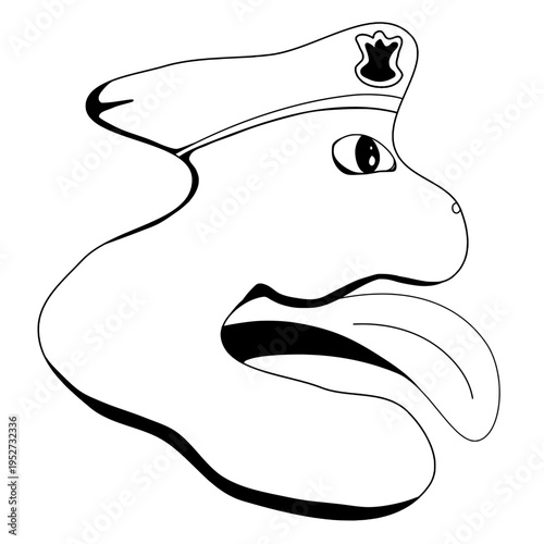 A black and white outline drawing of a whimsical cartoon character resembling an amoeba. The fluid-shaped creature has one big eye, a large wide-open mouth with a protruding tongue, and wears a small 