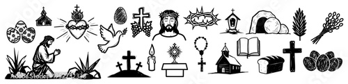 Christian religious symbols collection including Jesus in Gethsemane and empty tomb in vintage style