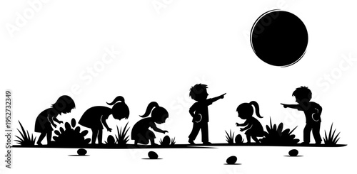 Children searching for easter eggs in the field at night silhouette style