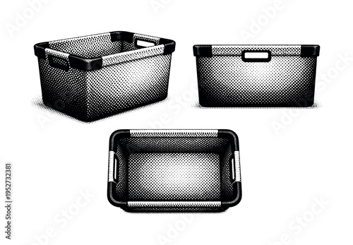 Laundry Basket ? realistic rectangular laundry basket with reinforced corners and flat base. Black and white dot style with halftone texture and high contrast.