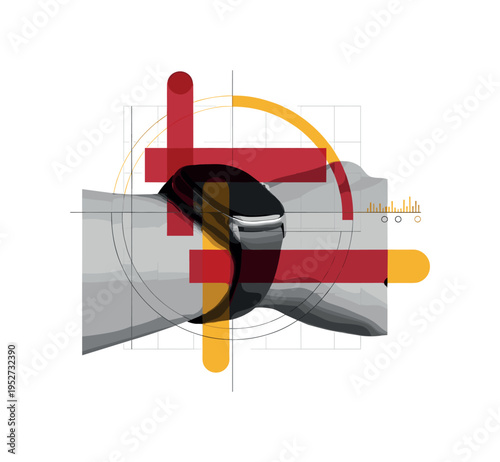 Monochrome close-up of smartwatch on wrist in side profile, vintage texture on skin tones, intersected by sharp abstract rectangles and cylindrical shapes in