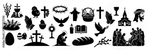 Christian silhouette icons including Jesus cross and religious symbols for Easter and Lent