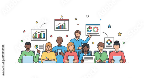 Audience behavior studies observing a group of diverse people sitting in a seminar setting, attentively taking notes and engaging with visual charts,