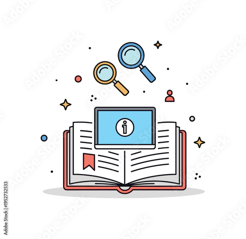 Media literacy education open book transforming into small screen and magnifying glass symbols above it. A thoughtful visual metaphor for critical thinking and