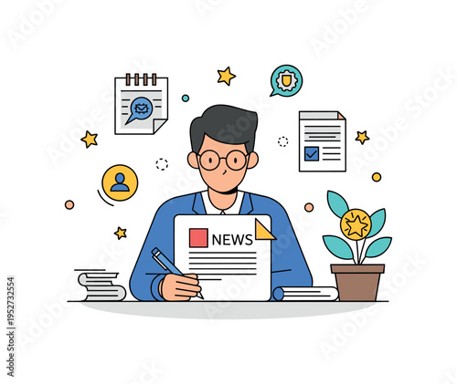 Journalist preparing a news report with notes, small stars and abstract icons emphasizing ethical practices, credibility, and dedication to truth. Minimalist