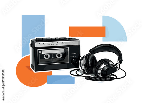 A stylish editorial collage of a black and white vintage cassette player with headphones resting beside it, cut-out look with white outline, combined with flat