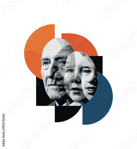 Black and white close-up of three generations? faces overlapping in collage layers, abstract semicircles framing each face like halos of time, structured