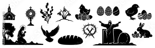Christian and Easter religious icons collection featuring Jesus Christ and holiday symbols in silhouette style
