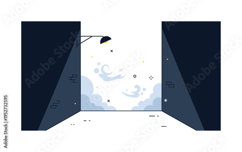 Dark alley atmospheric fog concept featuring a narrow passage with subtle mist shapes swirling under a dim overhead light. The composition communicates