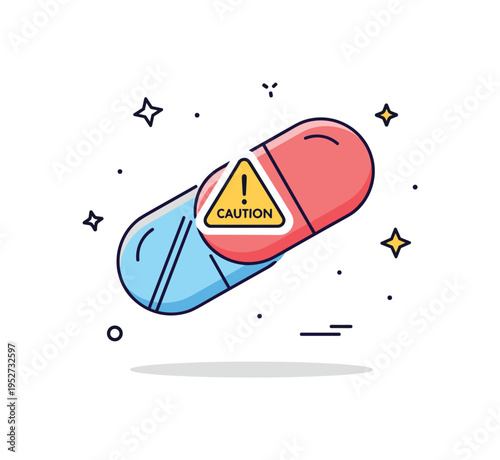 Drug interaction warning symbolized by two overlapping pills with a small caution triangle between them, expressing potential side effects and the importance