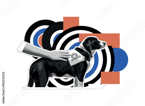 Black and white human hand gently touching soft sheets, realistic texture combined with abstract cylinders and semicircles hovering above, geometric shapes