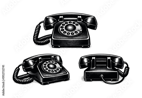 Rotary dial telephone desk set. Black and white dot style with halftone texture and high contrast. Halftone texture with partial solid black fills smoothly