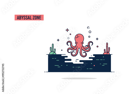 Abyssal zone octopus small deep sea octopus with rounded head and curling arms positioned above a trench floor silhouette, conveying intelligence and mystery