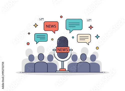 News and public opinion microphone positioned in front of a simplified crowd silhouette with floating speech bubbles. A symbolic illustration about dialogue,