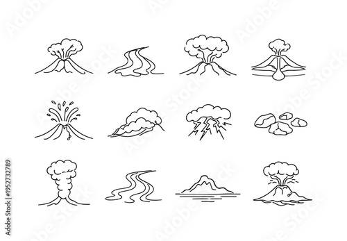 Volcanic Eruption and Lava Flow. Minimalistic set one-line drawing erupting volcano, lava flow stream, ash cloud plume, volcanic crater, magma chamber cross