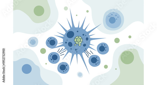 Abstract blue virus cell with spikes, surrounded by smaller cells and organic shapes