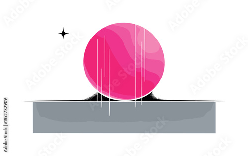 Black and white close-up of a large neon pink sphere hovering above a minimal abstract horizon line, subtle white contour around the planet, thin vertical