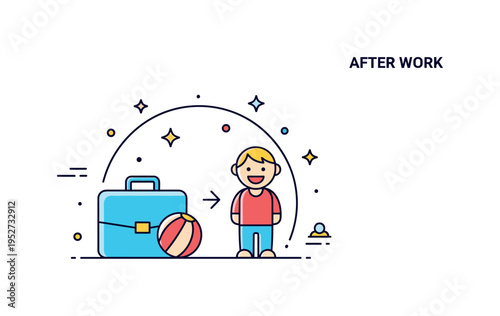 After work family time showing a briefcase placed aside next to a bouncing ball and a smiling child figure highlighting the transition from office tasks to