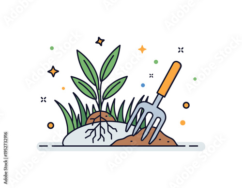Lawn weeding detail featuring a single weed lifted from grass with visible root lines and a small garden fork nearby, symbolizing thorough care and
