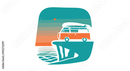 A stylized orange and white camper van with a surfboard on its roof is parked on a teal cliff overlooking a calm ocean under a clear sky.