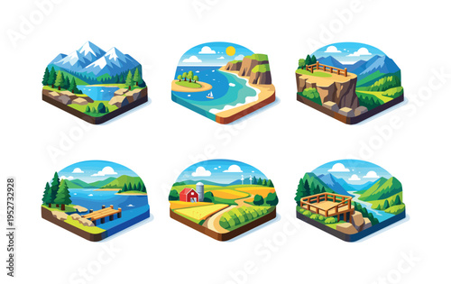 Scenic views. Isometric flat vector icons set of scenic views: panoramic mountain view, coastal bay view, valley viewpoint, cliff overlook view, lakeside view,